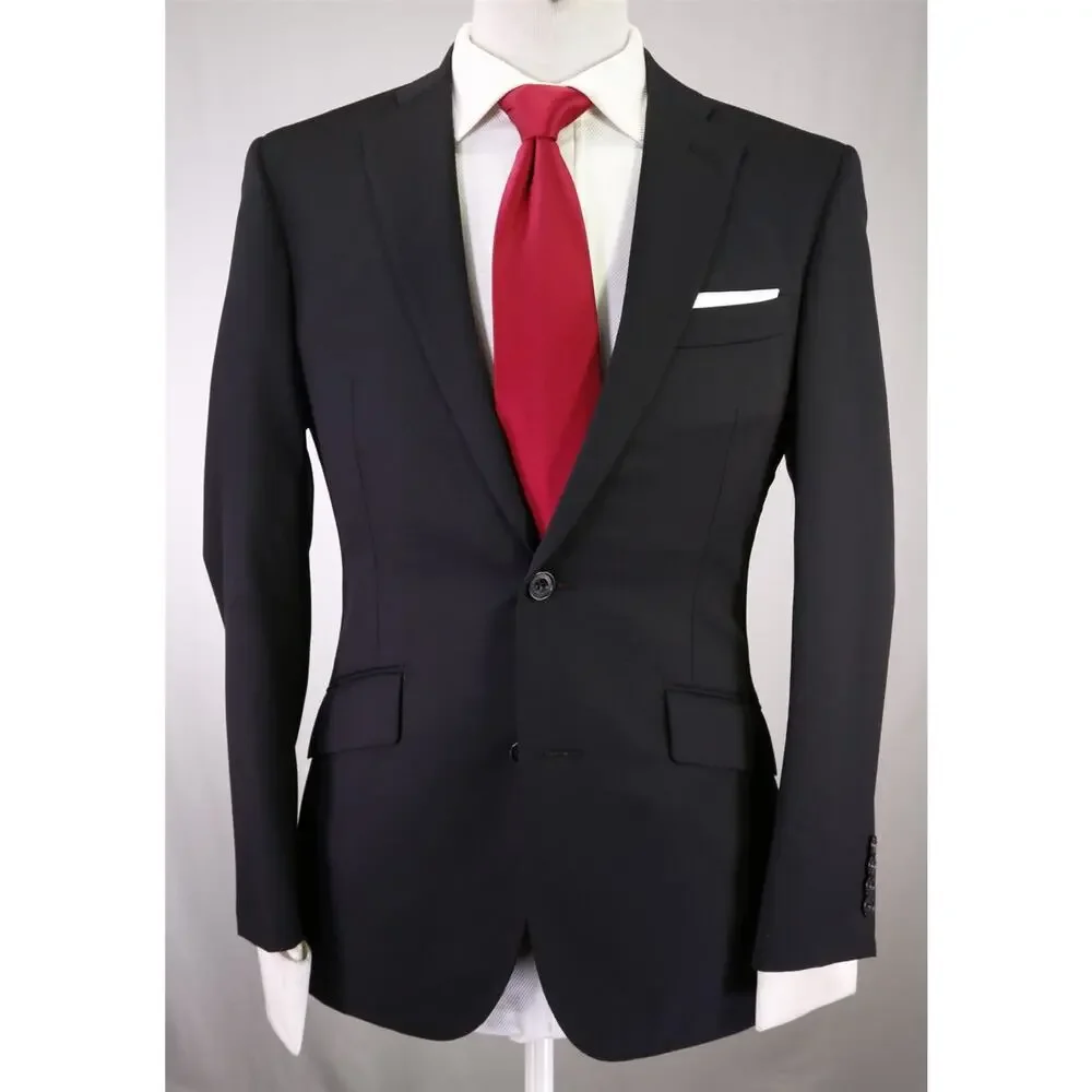 Richard James Savile Row Solid Black 2-Btn Modern Fit Wool Suit 36S